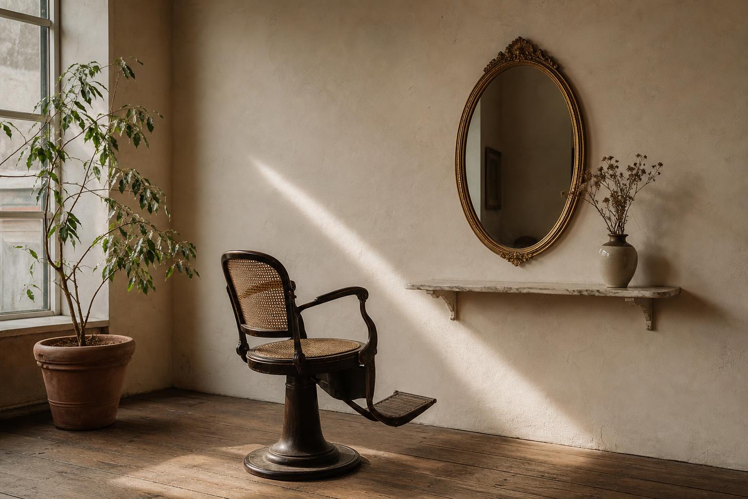 Innenansicht des Studios mit Stuhl und Spiegel